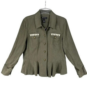 INC International Concepts Womens L Green Linen Embroidered Jacket Peplum Hem